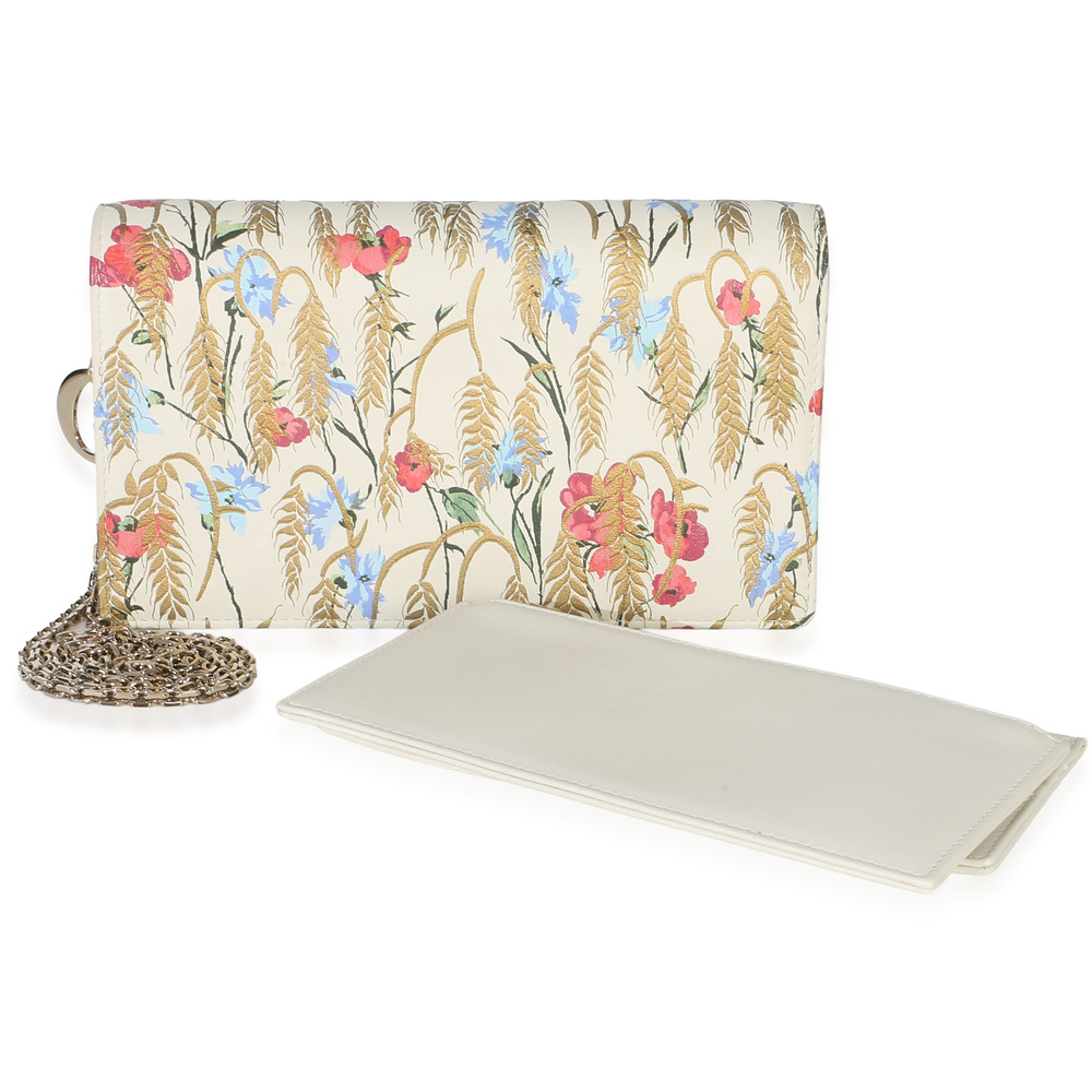 Christian Dior Cream Multicolor Calfskin Hibiscus Clutch With Chain